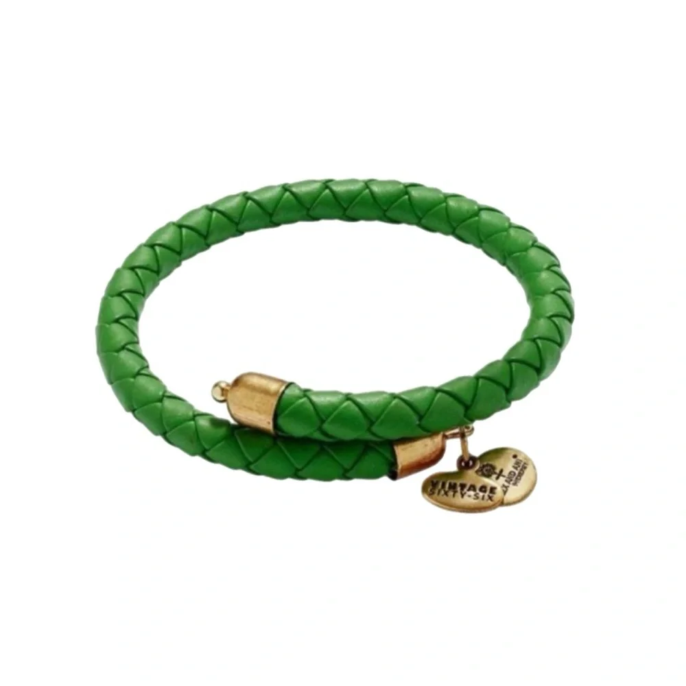 Alex & Ani Women’s Green Leather Braided Wrap Gold Tone Bracelet With Dust Bag